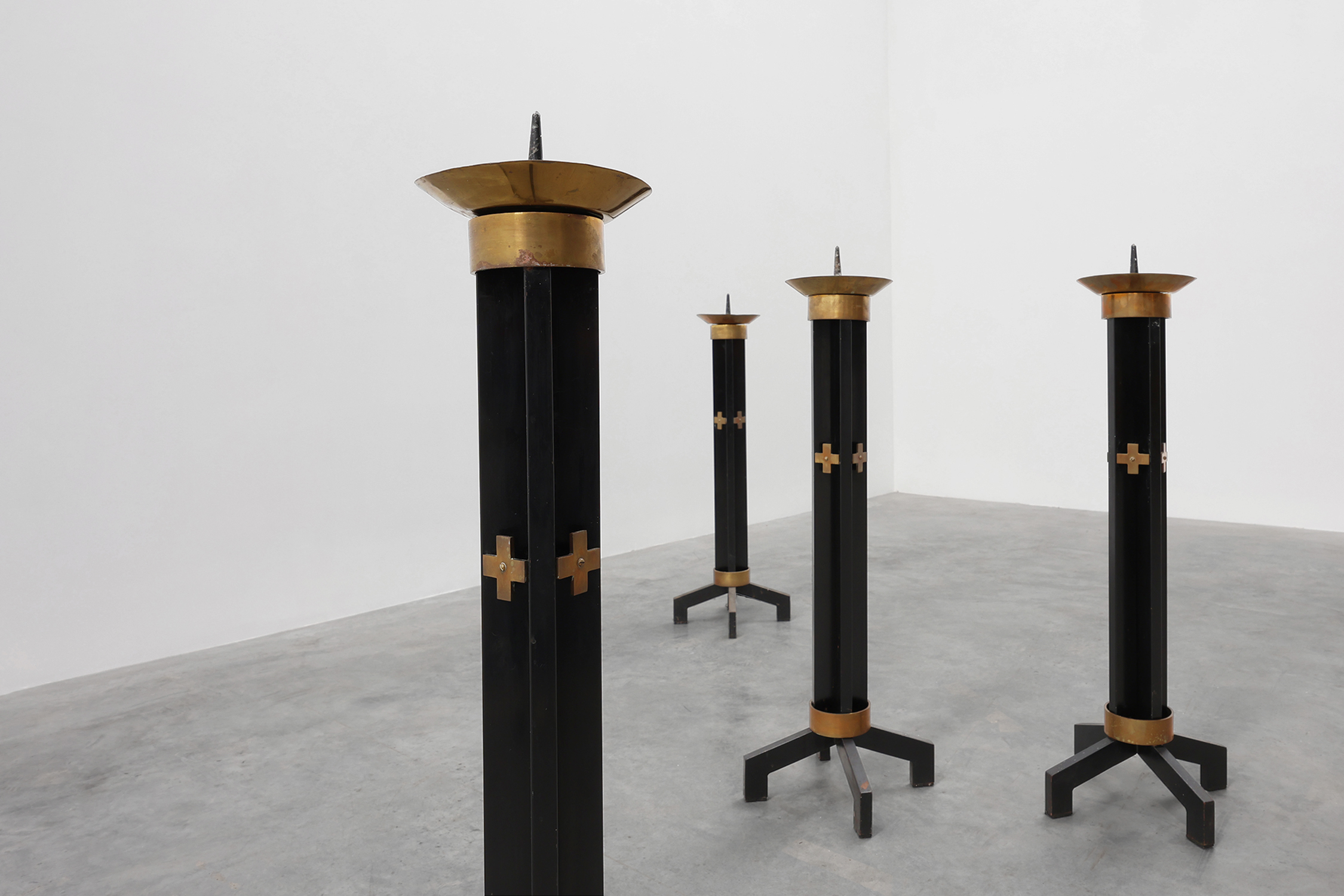 Rare set of 4 very large church candle sticks in black metal and copper, 1960sthumbnail